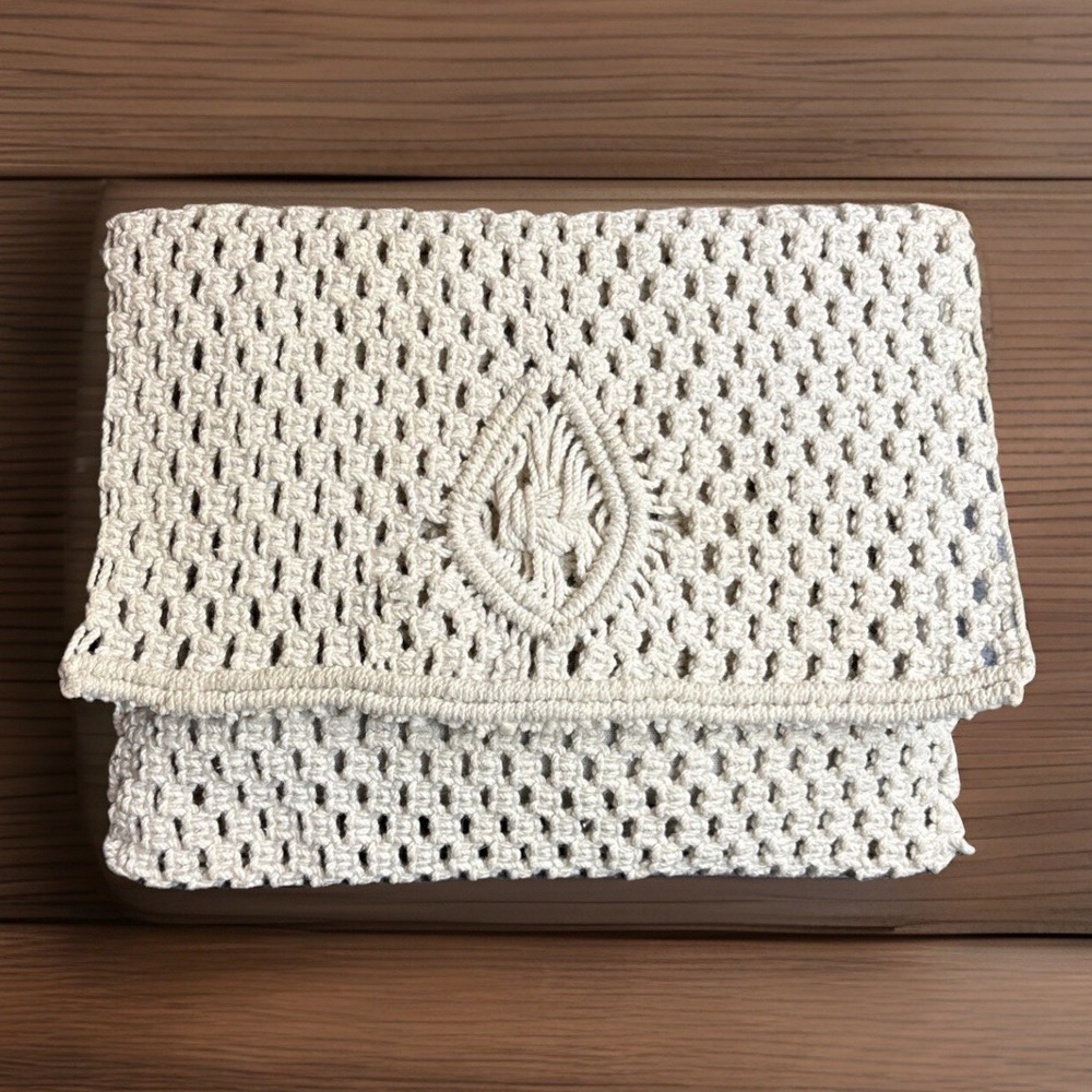 Vintage Macrame Envelope Clutch Mister Ernest Cream‎ Woven Cotton Handbag